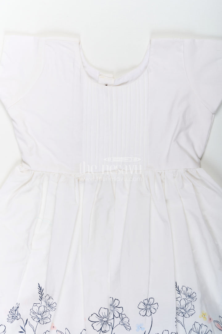 Girls White Frock Dress in Cotton with Digital Bunny Border and Pintuck Front Panel