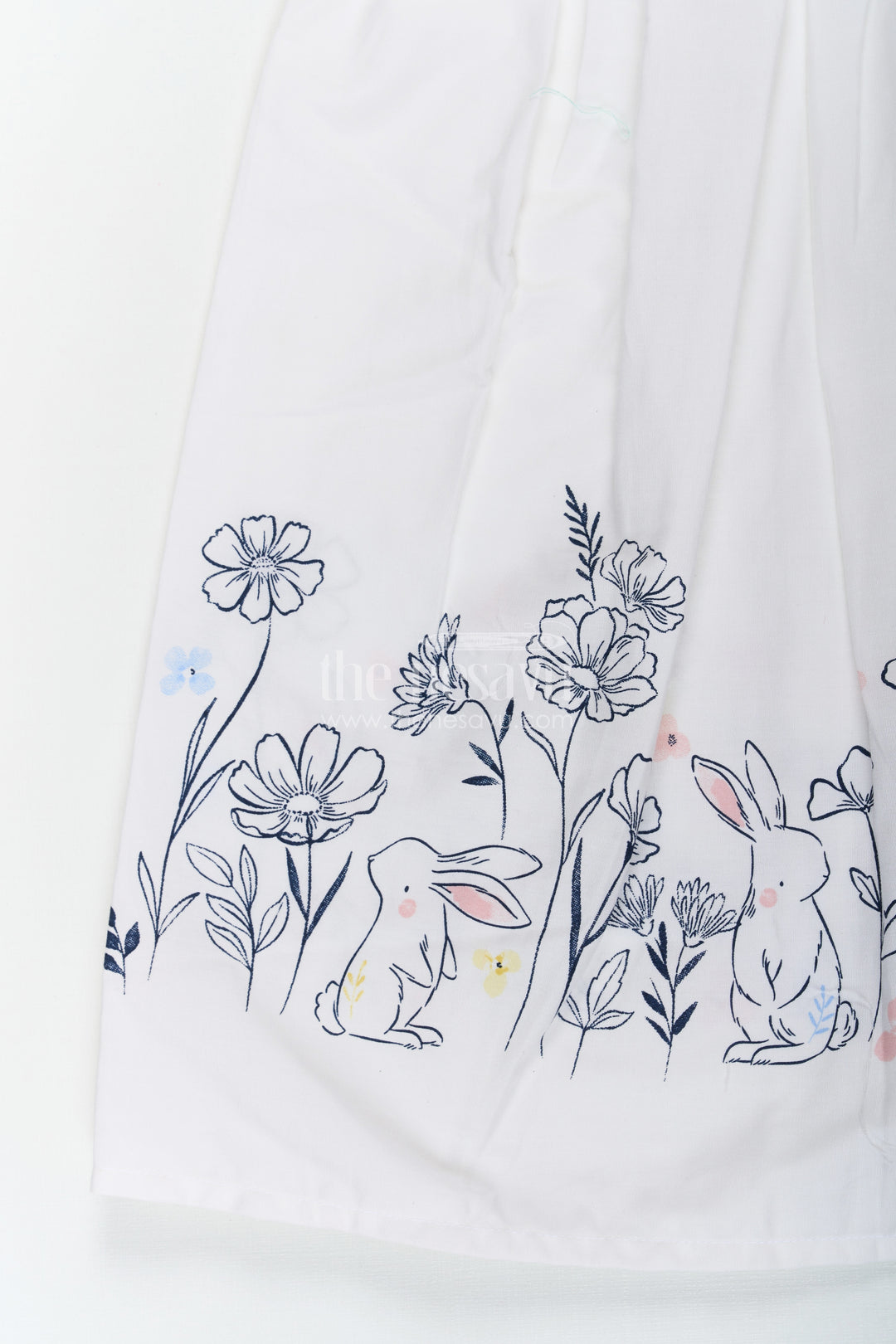 Girls White Frock Dress in Cotton with Digital Bunny Border and Pintuck Front Panel