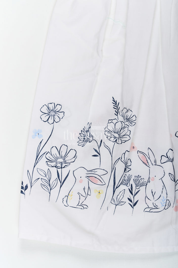 Girls White Frock Dress in Cotton with Digital Bunny Border and Pintuck Front Panel