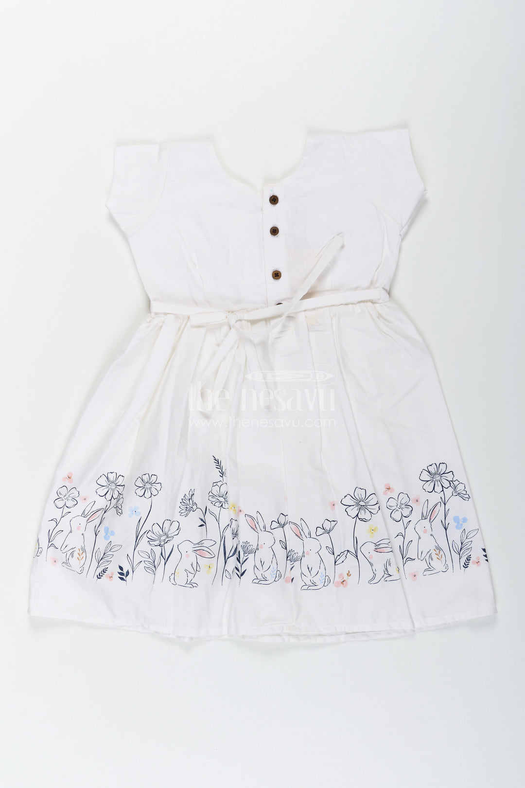 Girls White Frock Dress in Cotton with Digital Bunny Border and Pintuck Front Panel