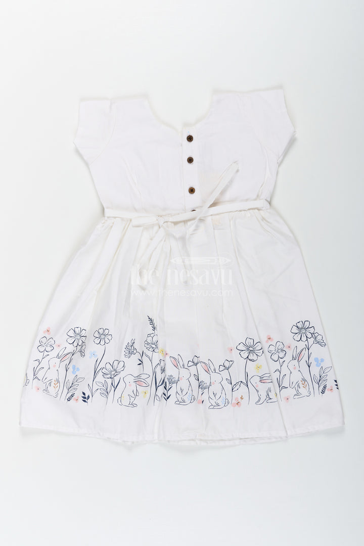 Girls White Frock Dress in Cotton with Digital Bunny Border and Pintuck Front Panel