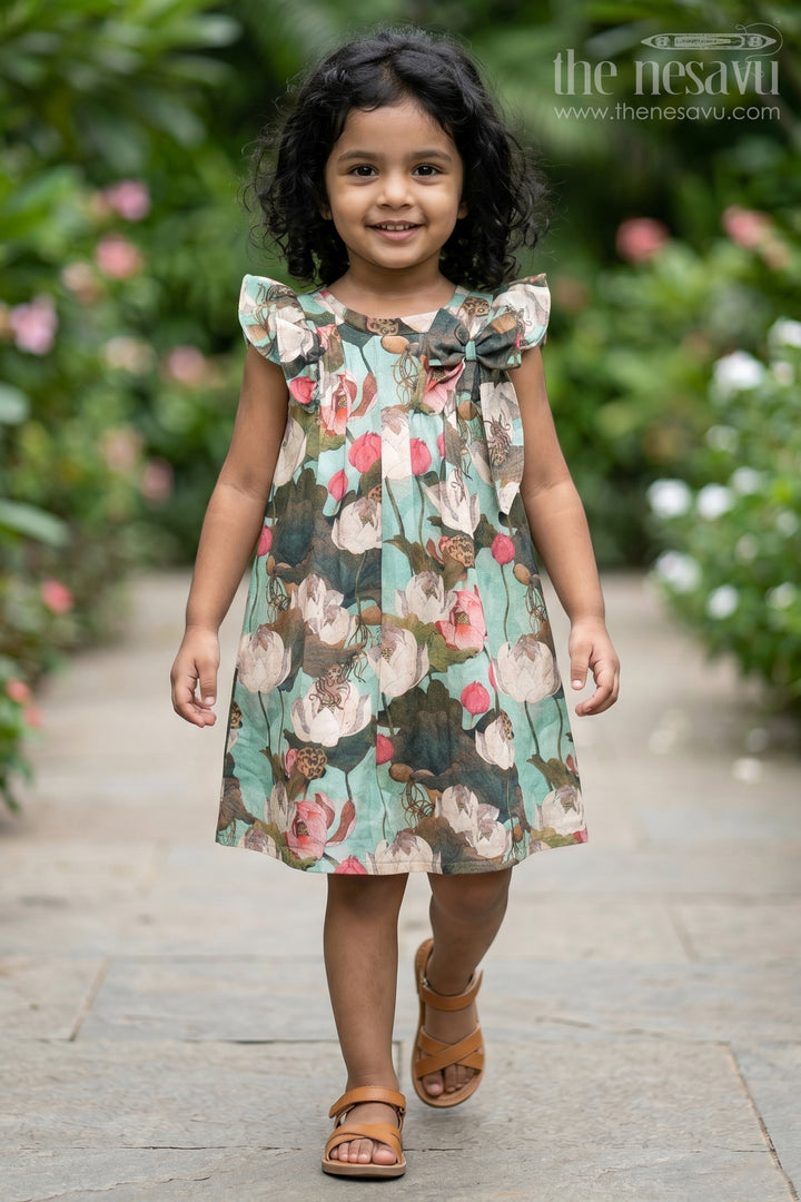 Girls Maroon Frock in Lightweight Viscose with Artistic Floral Digital Print and Ruffled Sleeves
