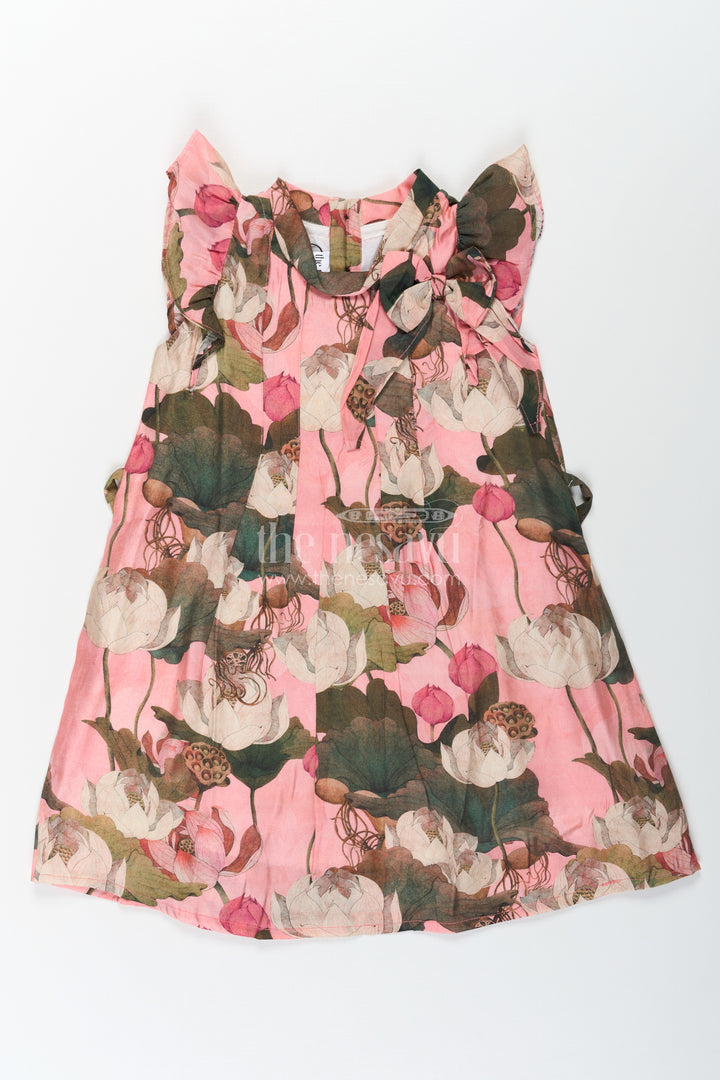 Girls Maroon Frock in Lightweight Viscose with Artistic Floral Digital Print and Ruffled Sleeves