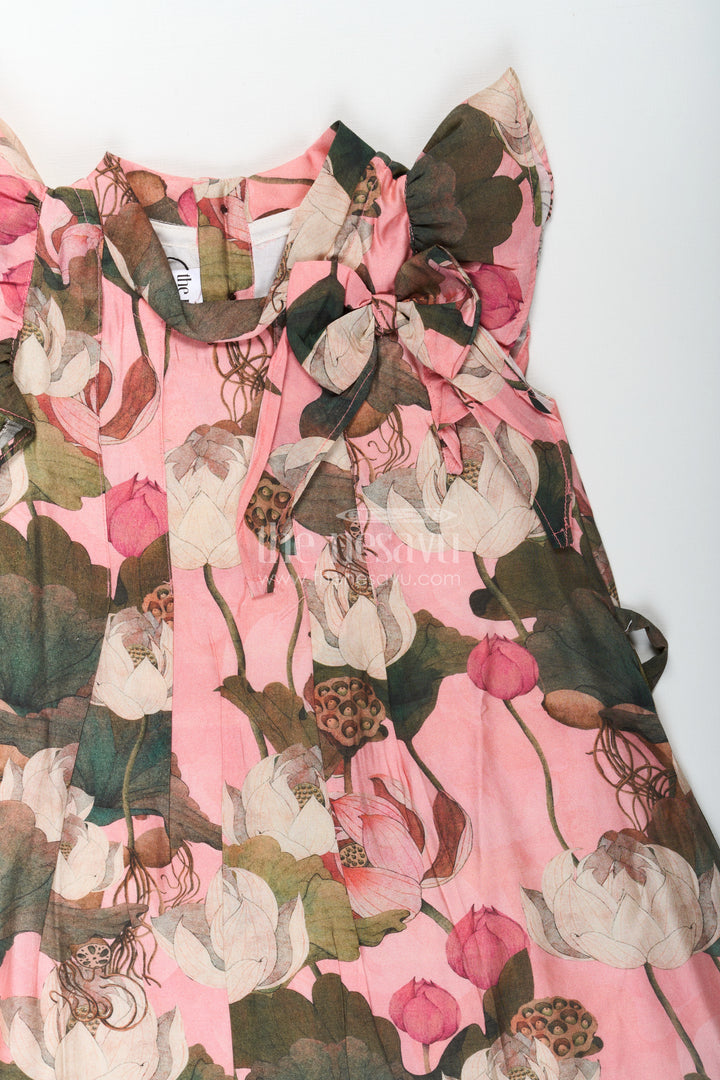 Girls Maroon Frock in Lightweight Viscose with Artistic Floral Digital Print and Ruffled Sleeves