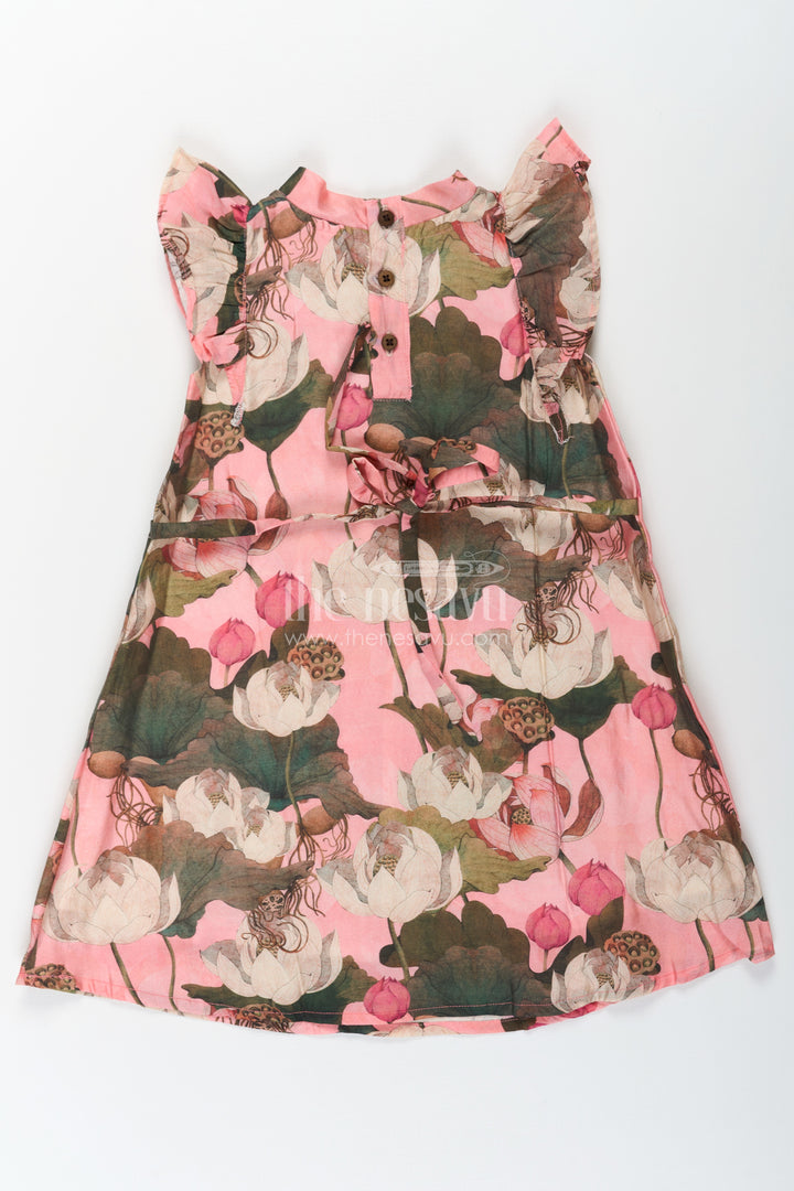 Girls Maroon Frock in Lightweight Viscose with Artistic Floral Digital Print and Ruffled Sleeves