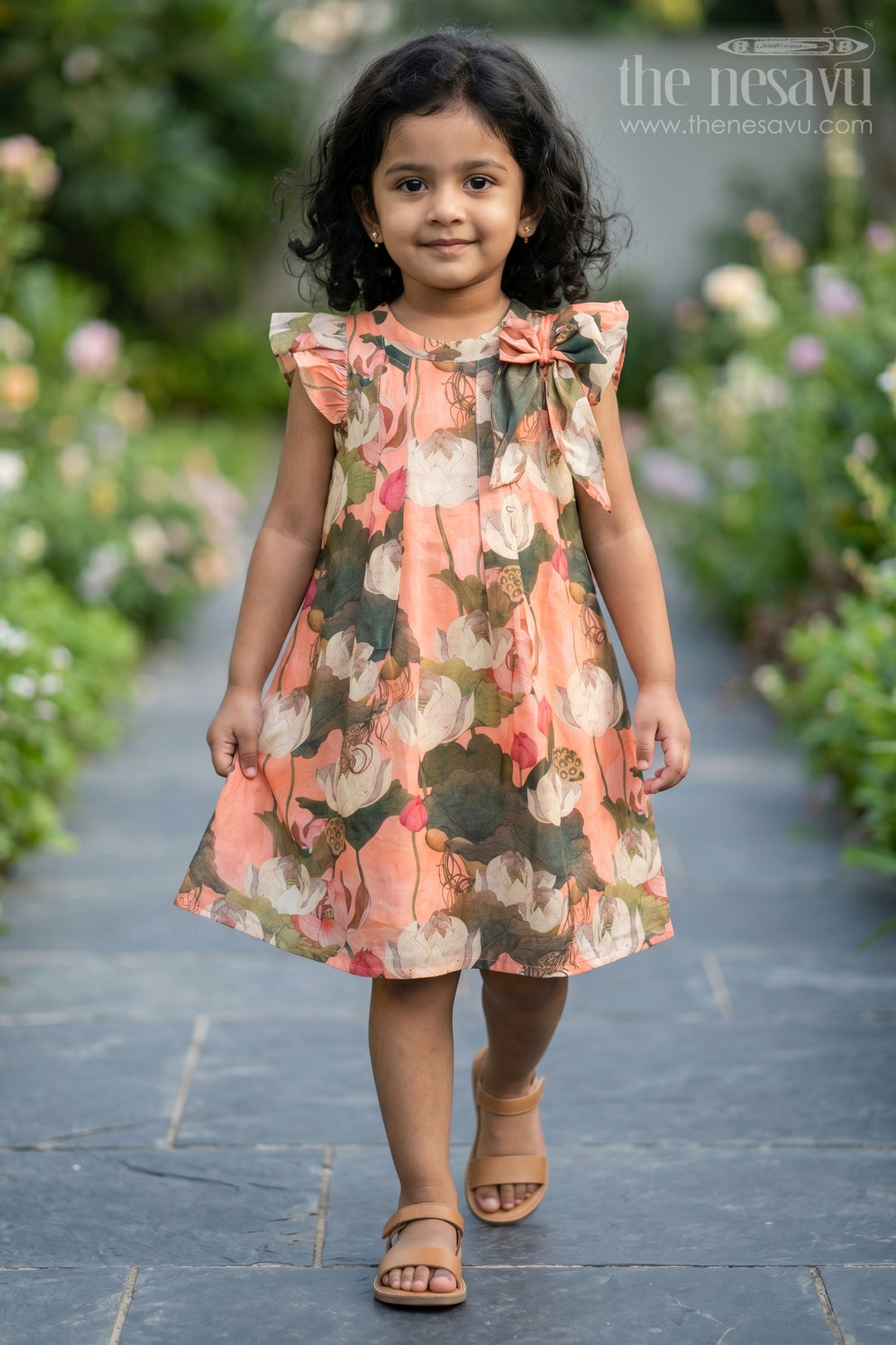 Girls Mini Frock Dress in Viscose with Bold Floral Digital Print and Ruffle Sleeves