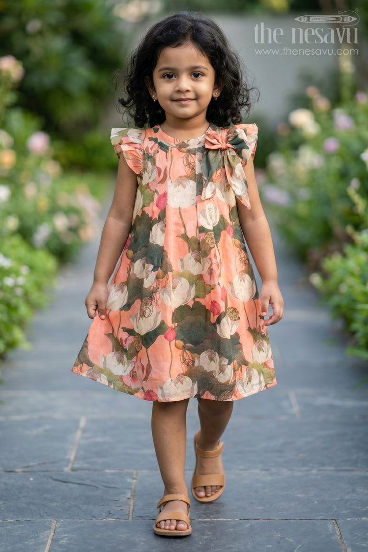 Girls Mini Frock Dress in Viscose with Bold Floral Digital Print and Ruffle Sleeves