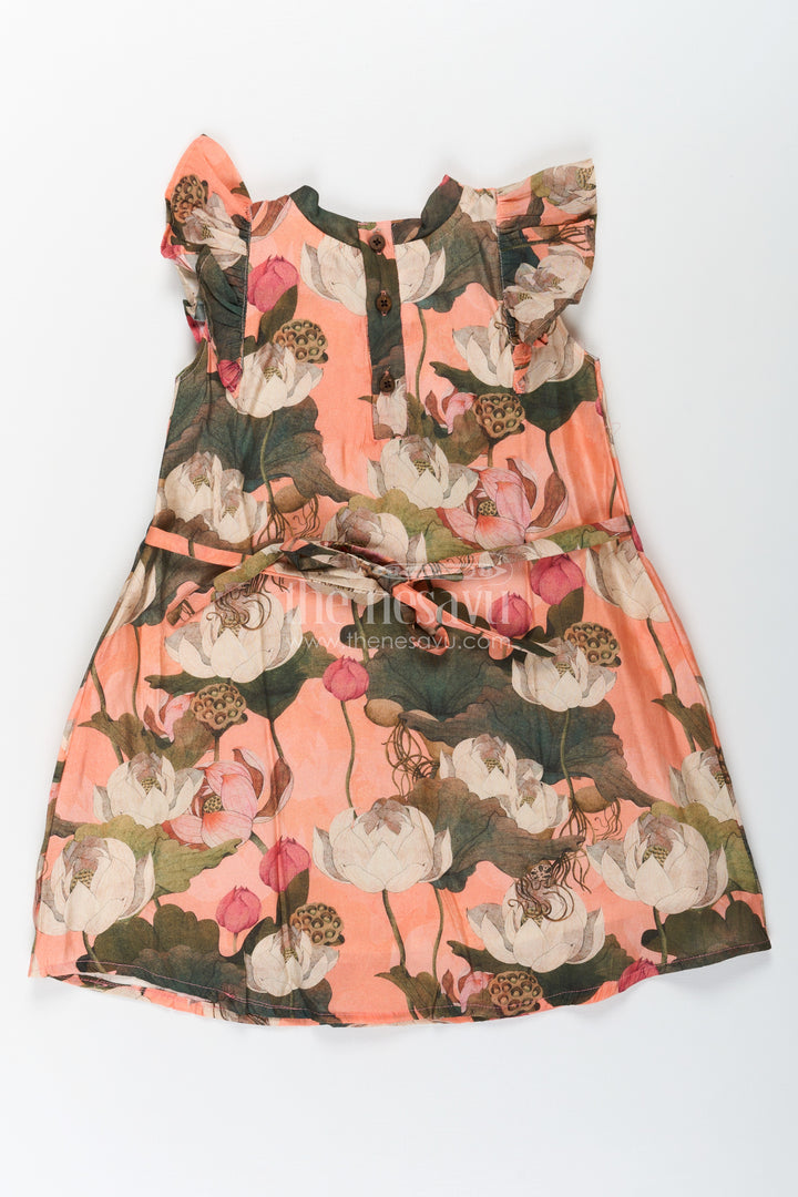 Girls Mini Frock Dress in Viscose with Bold Floral Digital Print and Ruffle Sleeves