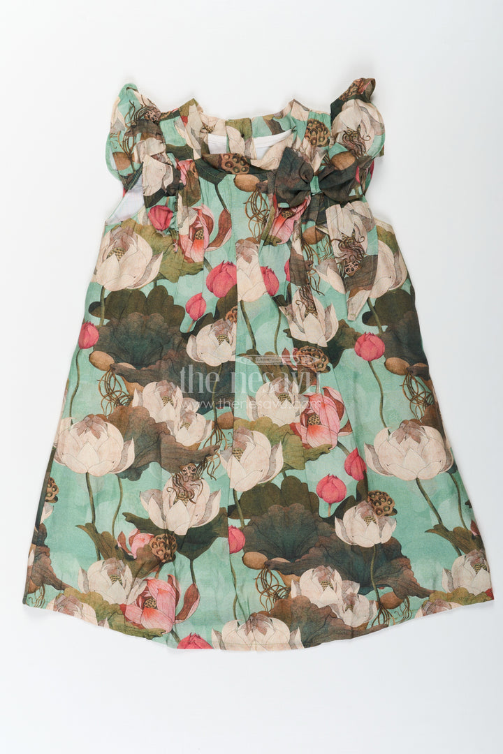 Girls Viscose Silk Rose Flower Frock with Soft Digital Print and Bow Detail for Elegant Everyday Style