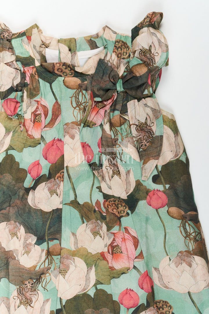 Girls Viscose Silk Rose Flower Frock with Soft Digital Print and Bow Detail for Elegant Everyday Style