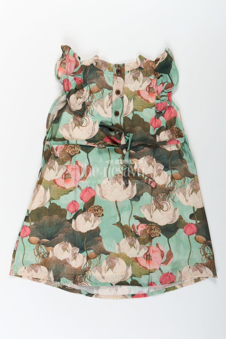 Girls Viscose Silk Rose Flower Frock with Soft Digital Print and Bow Detail for Elegant Everyday Style