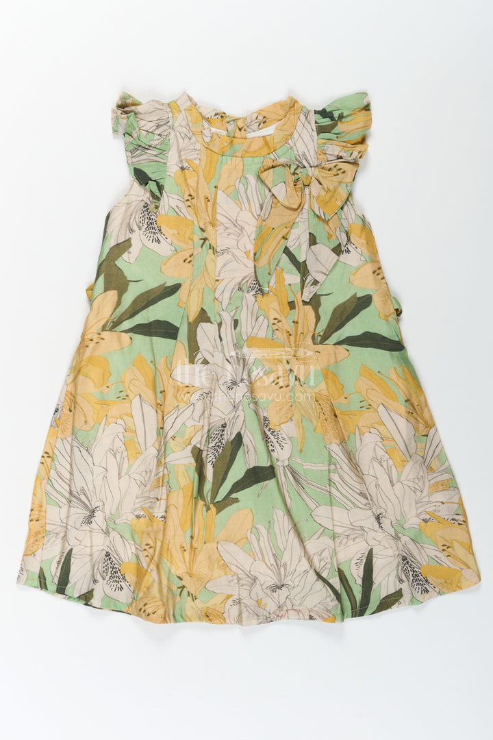 Girls Viscose Silk Flower Princess Dress with Ruffled Sleeves and Pastel Floral Digital Print