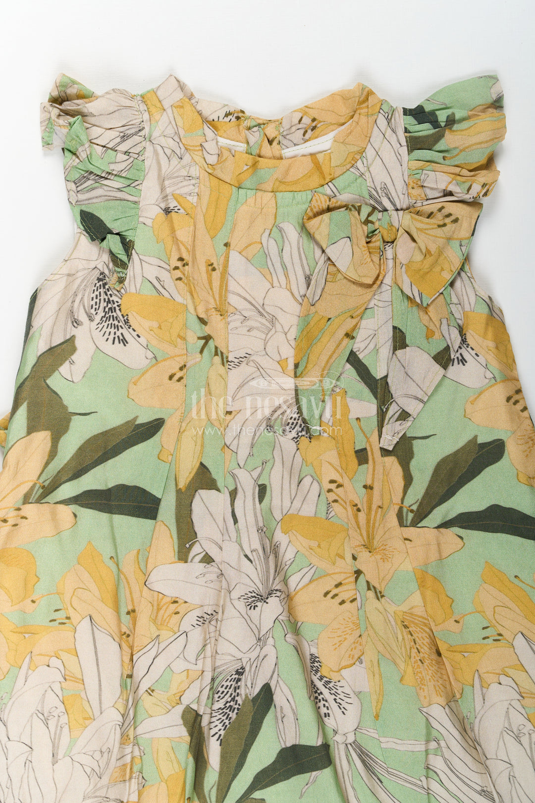 Girls Viscose Silk Flower Princess Dress with Ruffled Sleeves and Pastel Floral Digital Print