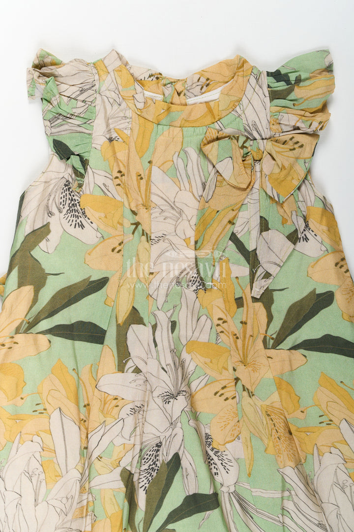 Girls Viscose Silk Flower Princess Dress with Ruffled Sleeves and Pastel Floral Digital Print