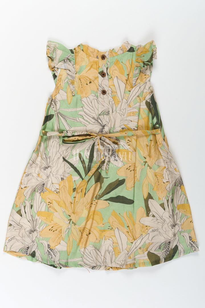 Girls Viscose Silk Flower Princess Dress with Ruffled Sleeves and Pastel Floral Digital Print