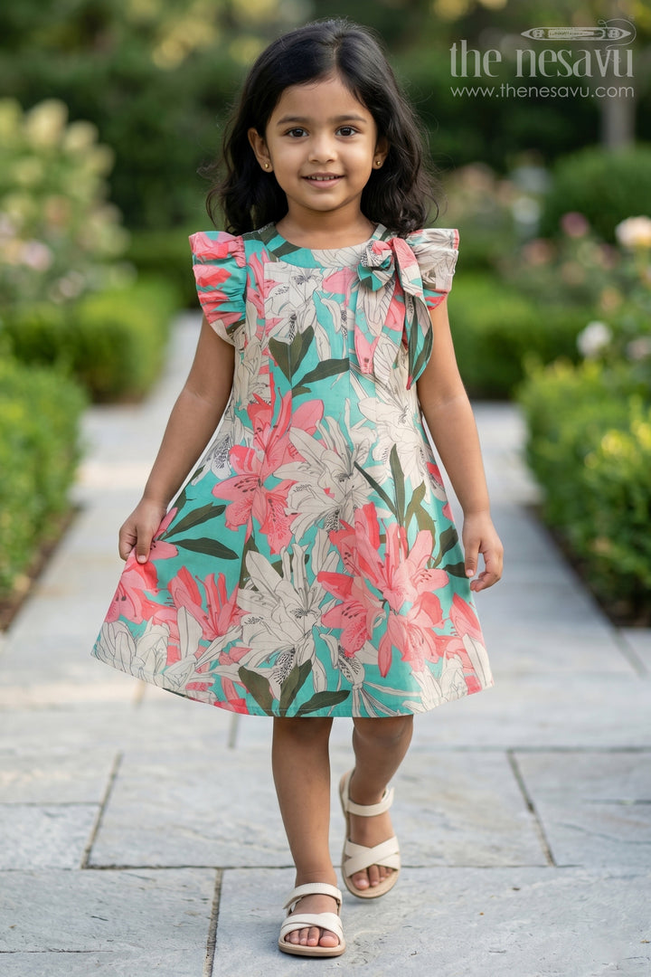 Girls Viscose Silk Acche Acche Frock with Ruffled Sleeves and Vibrant Red Green Floral Print