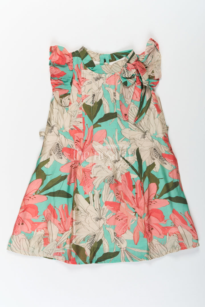 Girls Viscose Silk Acche Acche Frock with Ruffled Sleeves and Vibrant Red Green Floral Print