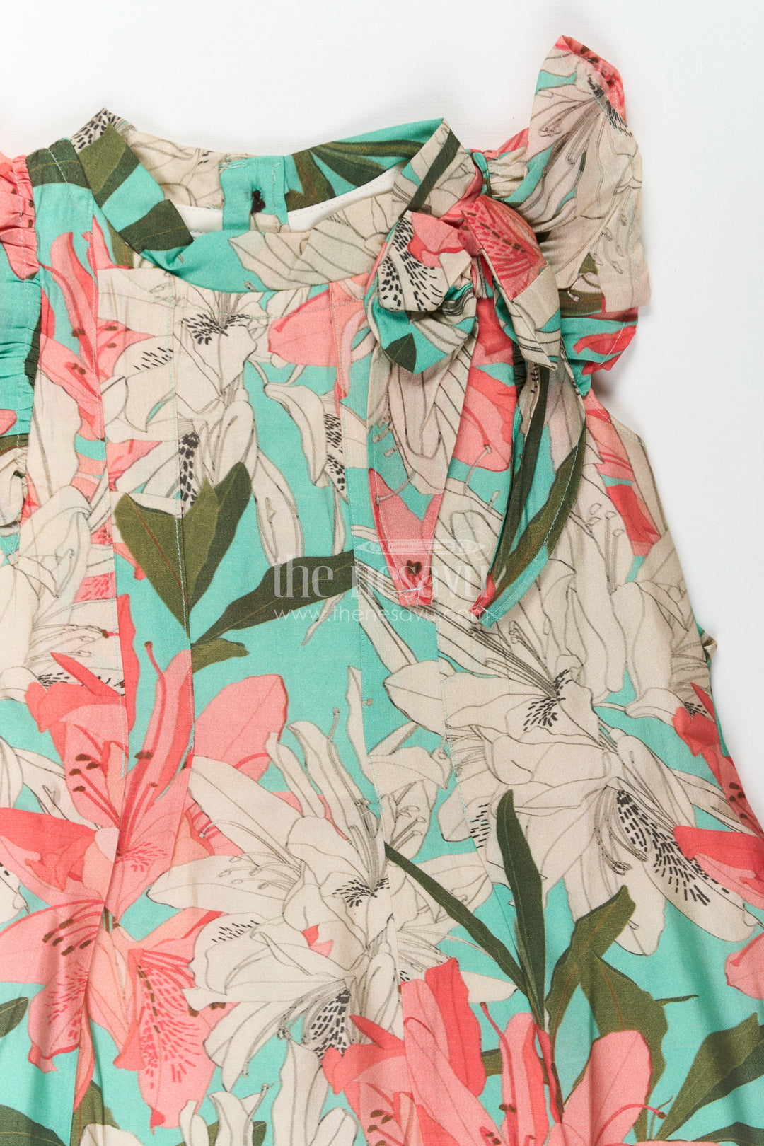 Girls Viscose Silk Acche Acche Frock with Ruffled Sleeves and Vibrant Red Green Floral Print