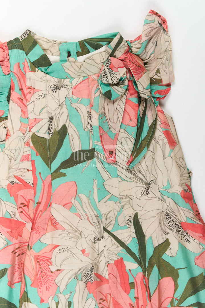 Girls Viscose Silk Acche Acche Frock with Ruffled Sleeves and Vibrant Red Green Floral Print