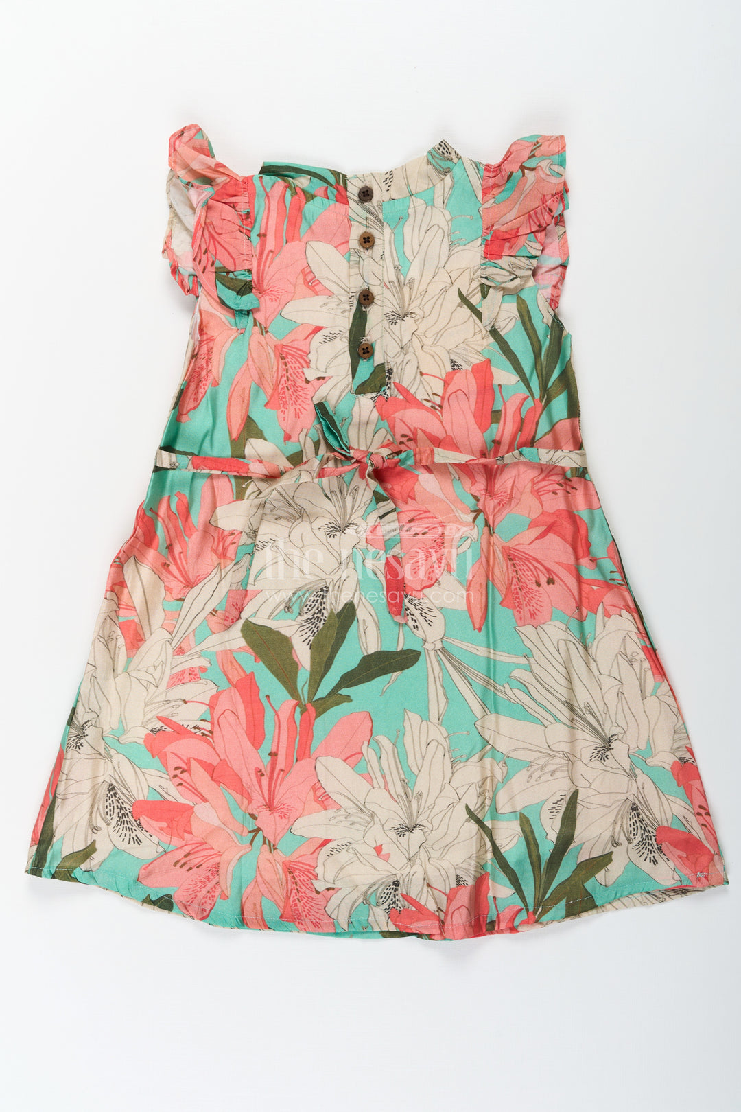 Girls Viscose Silk Acche Acche Frock with Ruffled Sleeves and Vibrant Red Green Floral Print