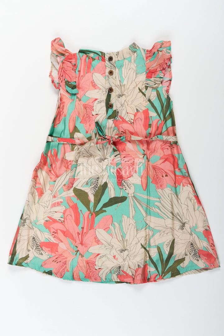 Girls Viscose Silk Acche Acche Frock with Ruffled Sleeves and Vibrant Red Green Floral Print