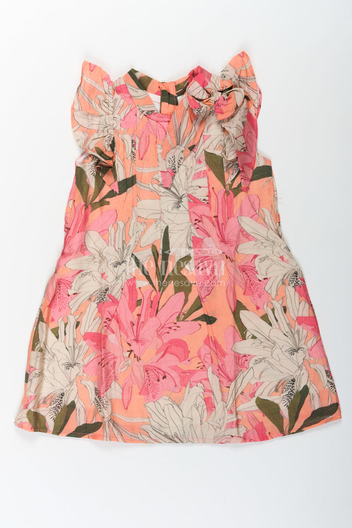 Girls Viscose Silk Fairy Frock with Soft Floral Digital Print and Ruffle Shoulder for Whimsical Everyday Charm