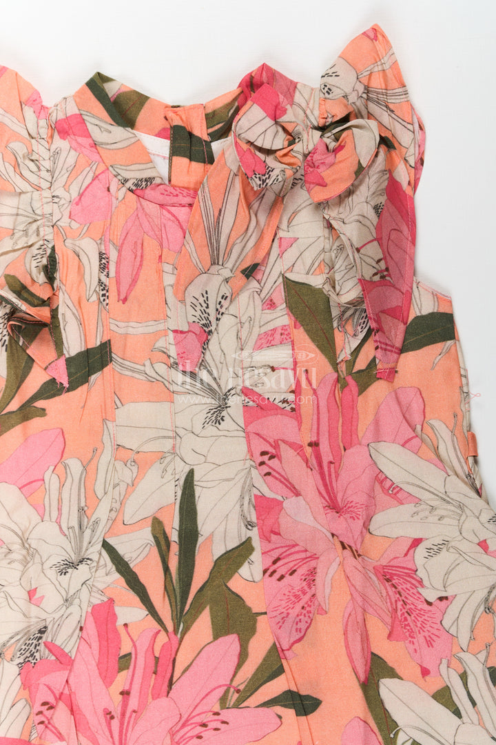 Girls Viscose Silk Fairy Frock with Soft Floral Digital Print and Ruffle Shoulder for Whimsical Everyday Charm
