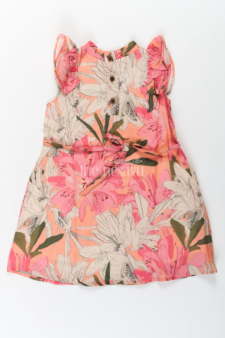 Girls Viscose Silk Fairy Frock with Soft Floral Digital Print and Ruffle Shoulder for Whimsical Everyday Charm