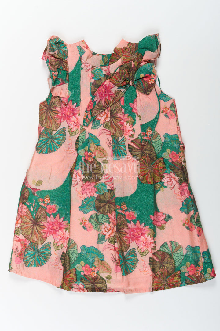 Girls Viscose Silk Frock Floral Design with Lotus Print and Pleated Details for Comfortable Daywear