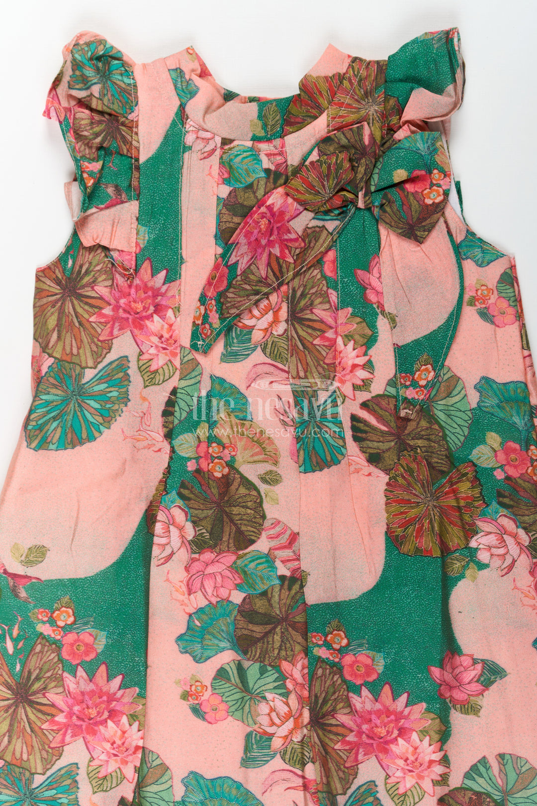 Girls Viscose Silk Frock Floral Design with Lotus Print and Pleated Details for Comfortable Daywear