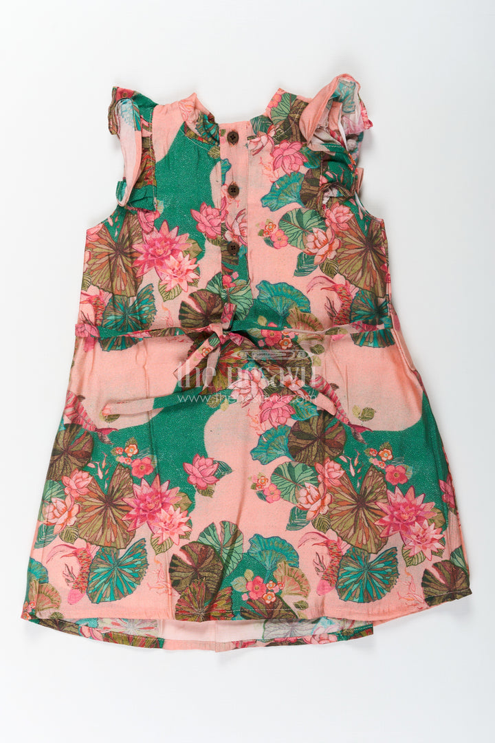 Girls Viscose Silk Frock Floral Design with Lotus Print and Pleated Details for Comfortable Daywear