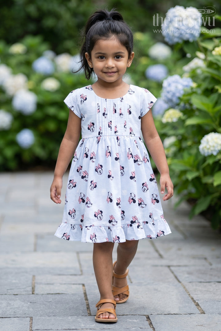 Girls Cotton White Frock for Eid with Minnie Mouse Digital Print and Ruffled Hem for a Festive Fun Look