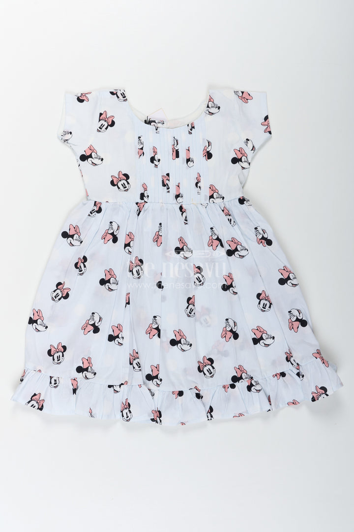 Girls Cotton White Frock for Eid with Minnie Mouse Digital Print and Ruffled Hem for a Festive Fun Look