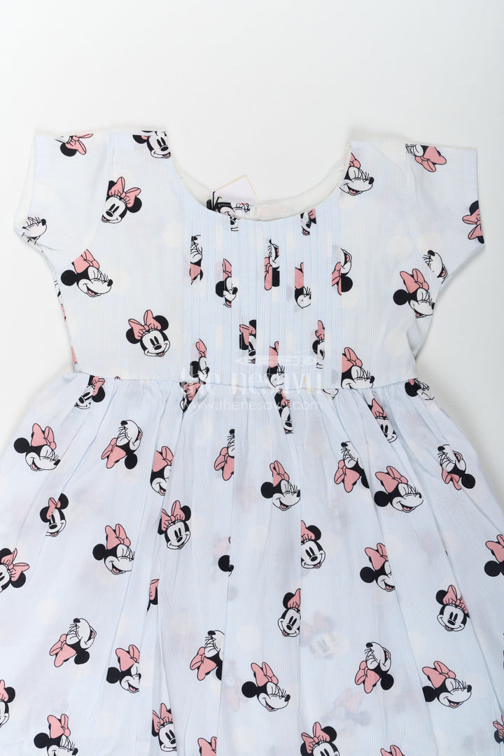 Girls Cotton White Frock for Eid with Minnie Mouse Digital Print and Ruffled Hem for a Festive Fun Look