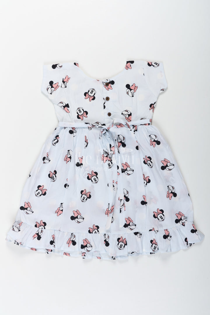 Girls Cotton White Frock for Eid with Minnie Mouse Digital Print and Ruffled Hem for a Festive Fun Look