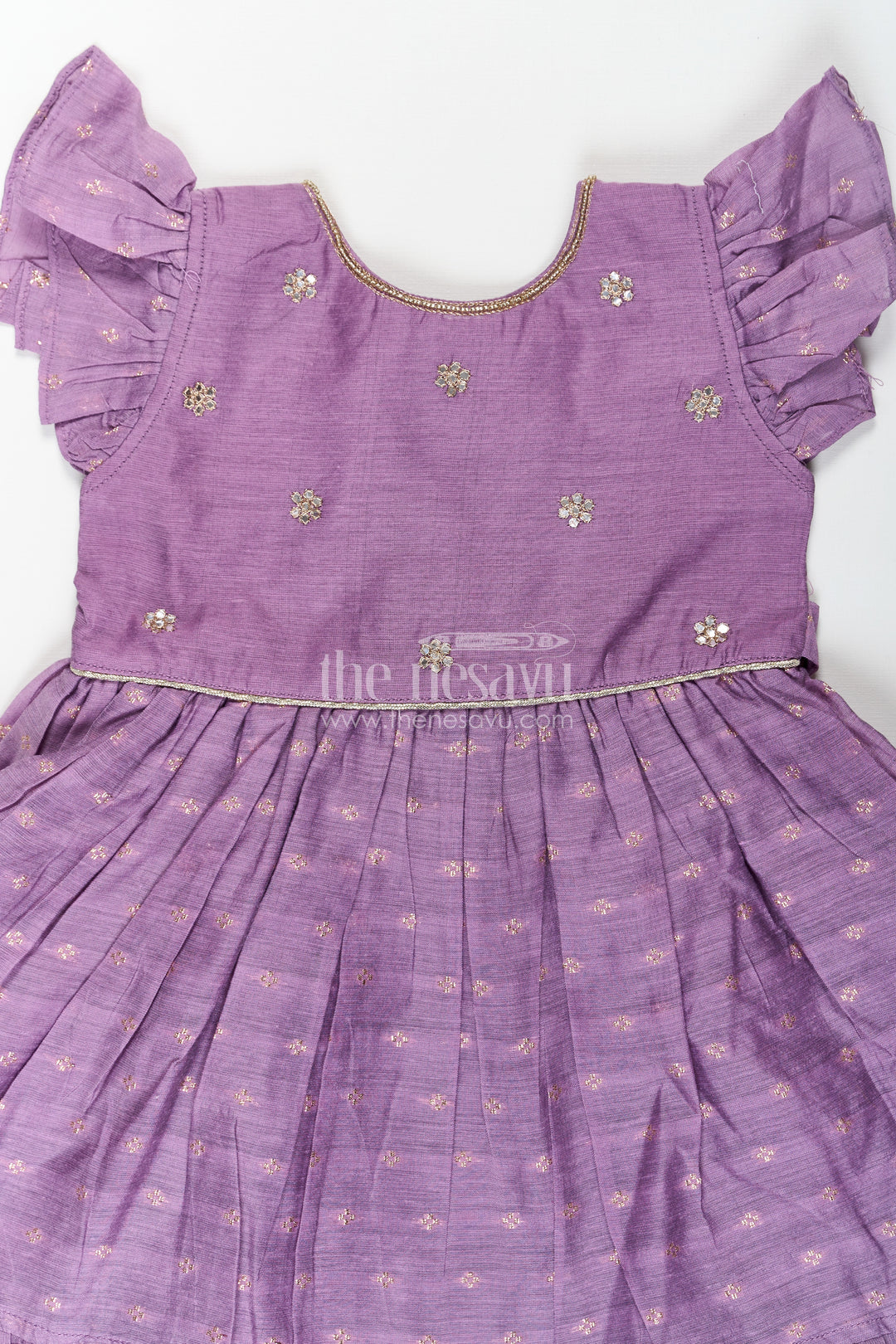 Girls Elsa Frock in Chanderi with Sequence Embroidery Yoke and Ruffle Sleeves for Festive Looks