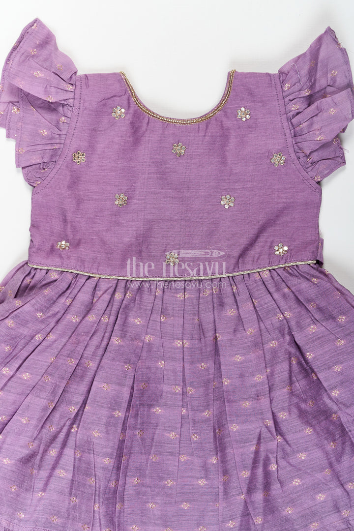 Girls Elsa Frock in Chanderi with Sequence Embroidery Yoke and Ruffle Sleeves for Festive Looks