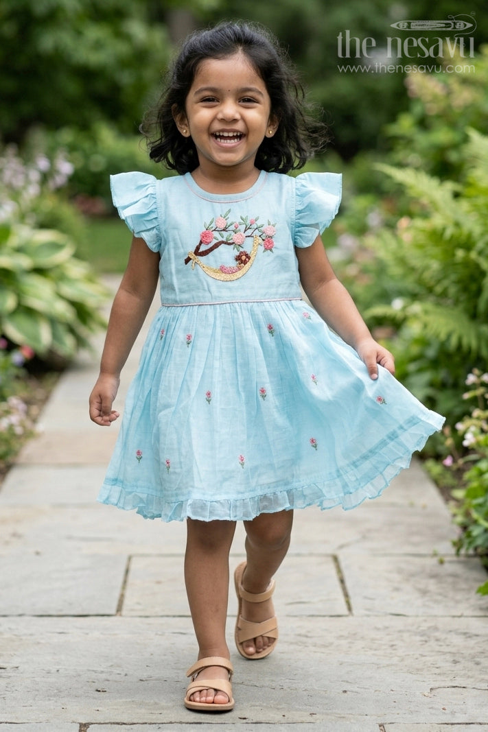 Girls Ruffle Sleeves Long Frock in Chanderi with Thread Embroidery and Floral Motifs for Everyday Elegance