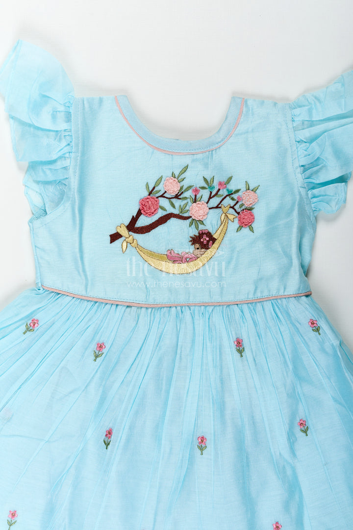 Girls Ruffle Sleeves Long Frock in Chanderi with Thread Embroidery and Floral Motifs for Everyday Elegance