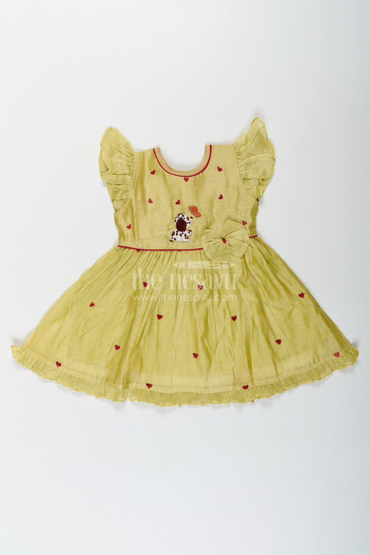 Girls Acchi Acchi Frock in Chanderi with Animal Motif Embroidery and Ruffle Sleeves in Olive Green