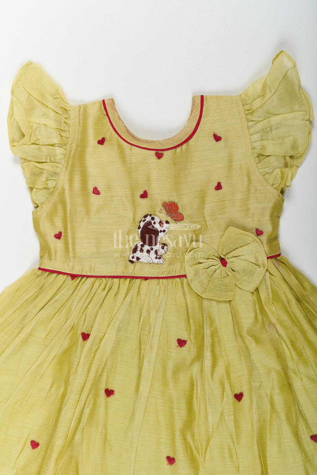 Girls Acchi Acchi Frock in Chanderi with Animal Motif Embroidery and Ruffle Sleeves in Olive Green