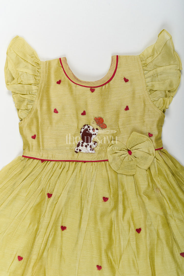 Girls Acchi Acchi Frock in Chanderi with Animal Motif Embroidery and Ruffle Sleeves in Olive Green