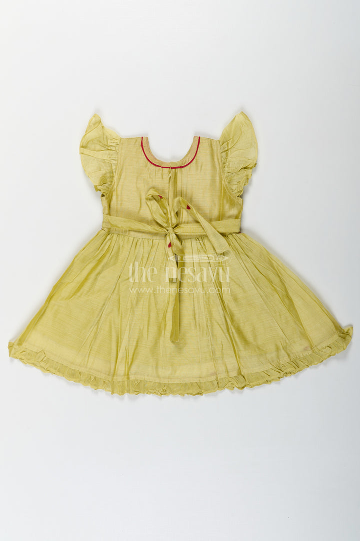 Girls Acchi Acchi Frock in Chanderi with Animal Motif Embroidery and Ruffle Sleeves in Olive Green