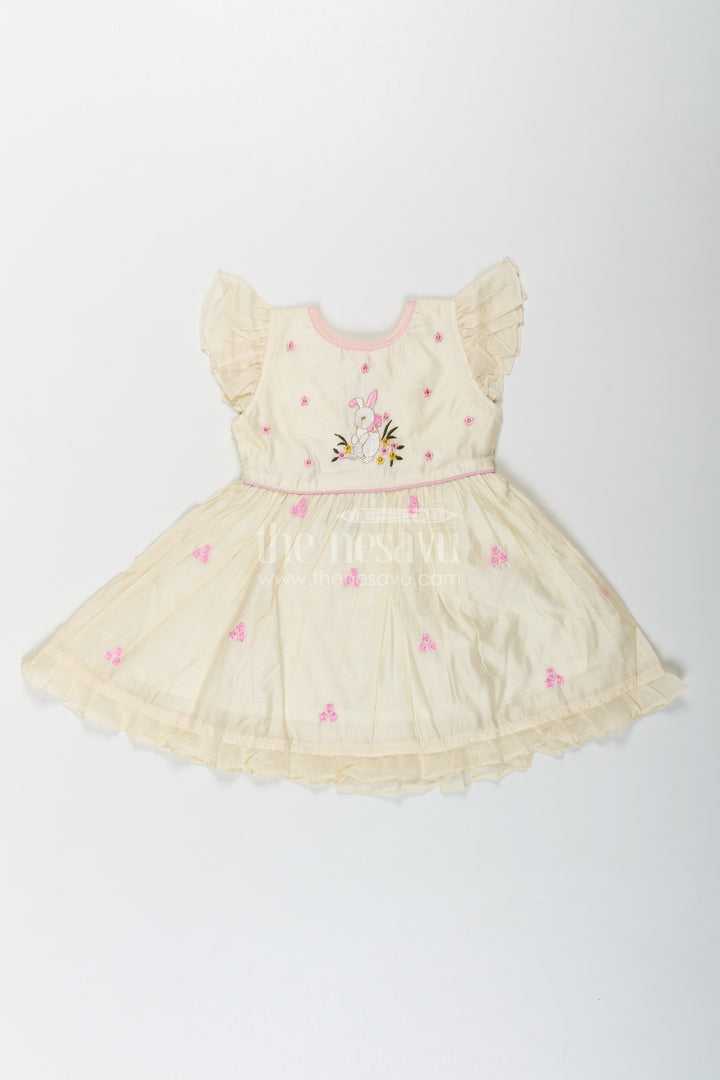 Girls Animal Print Ruffle Dress in Chanderi with Thread Embroidery and Pink Floral Accents