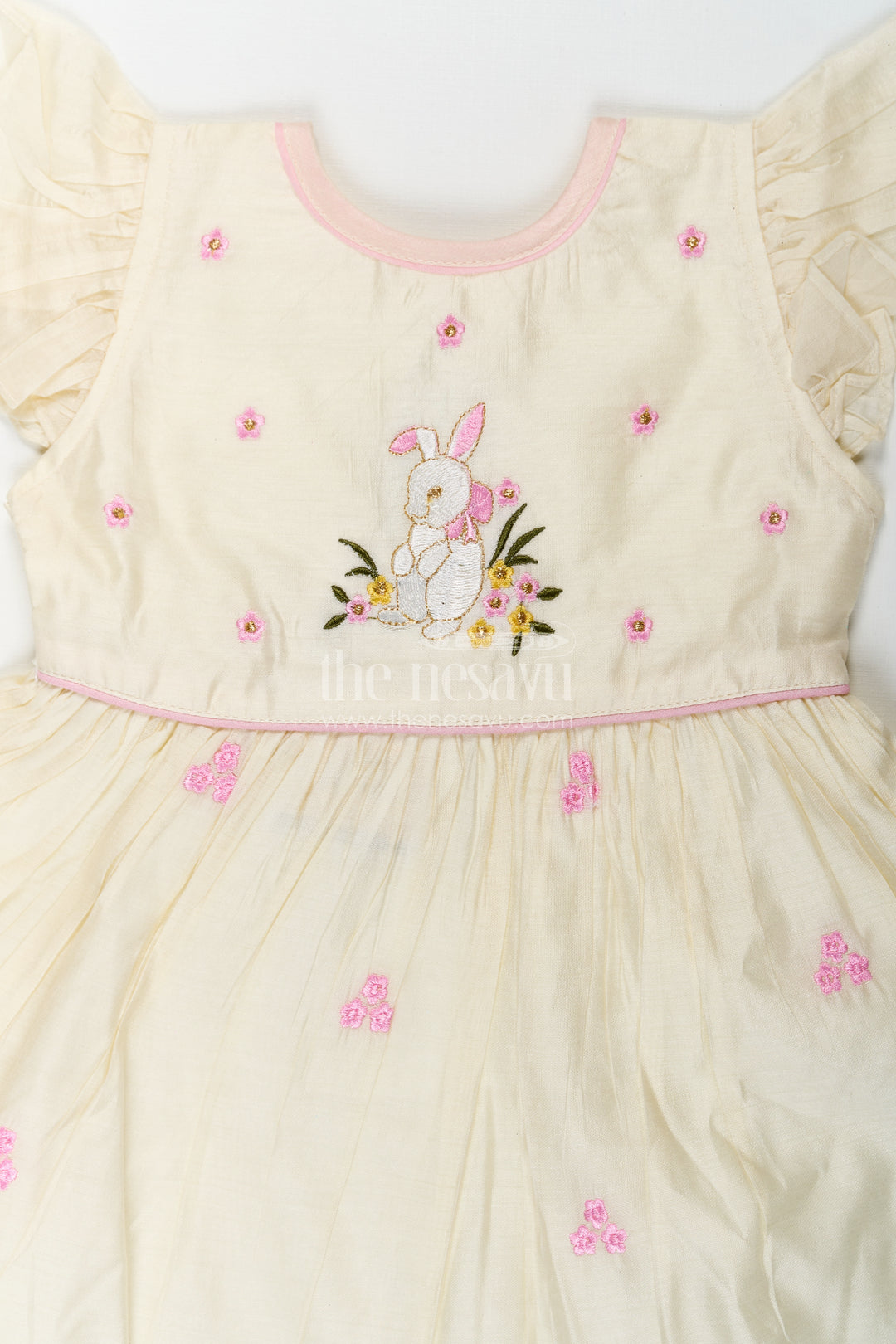 Girls Animal Print Ruffle Dress in Chanderi with Thread Embroidery and Pink Floral Accents