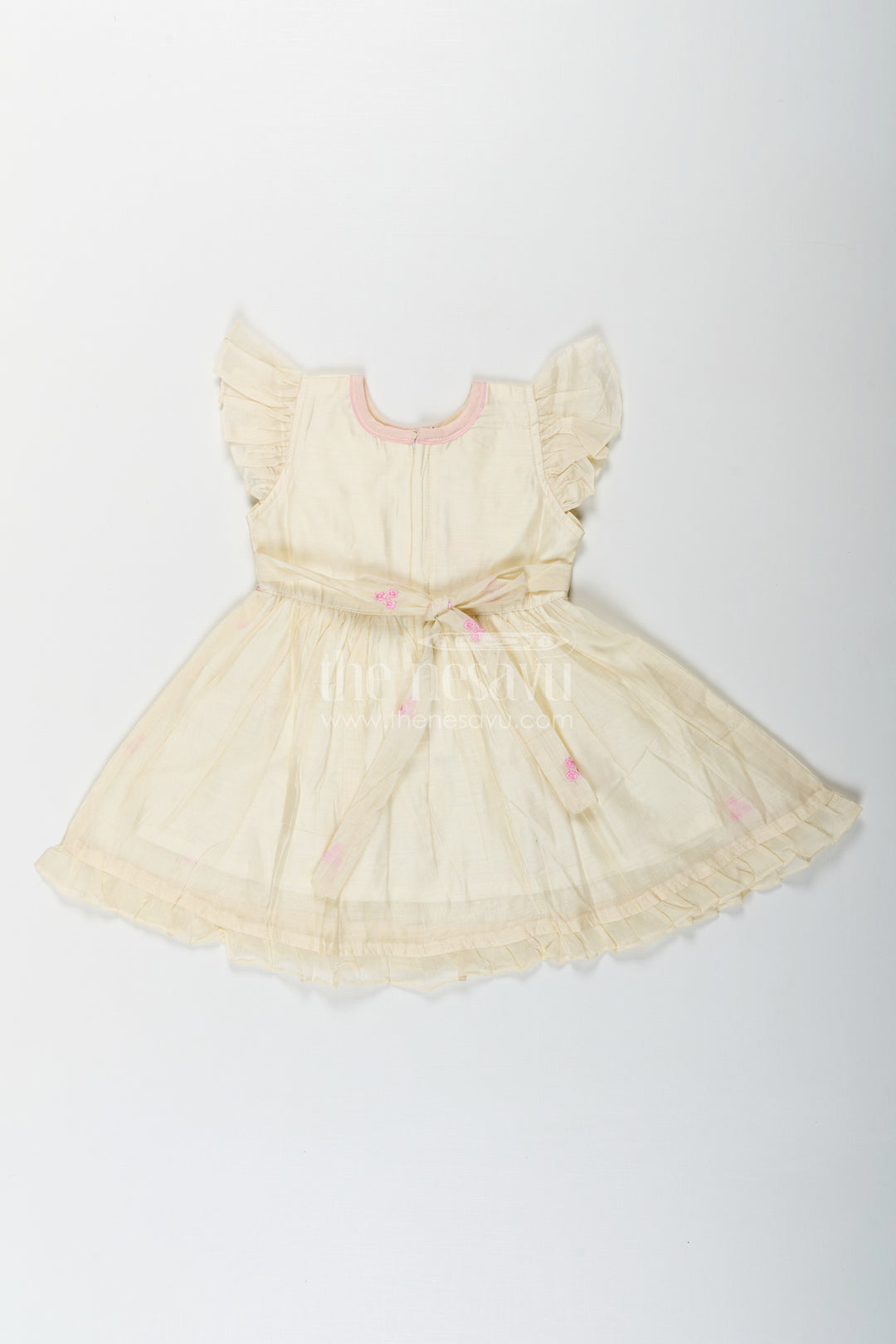 Girls Animal Print Ruffle Dress in Chanderi with Thread Embroidery and Pink Floral Accents