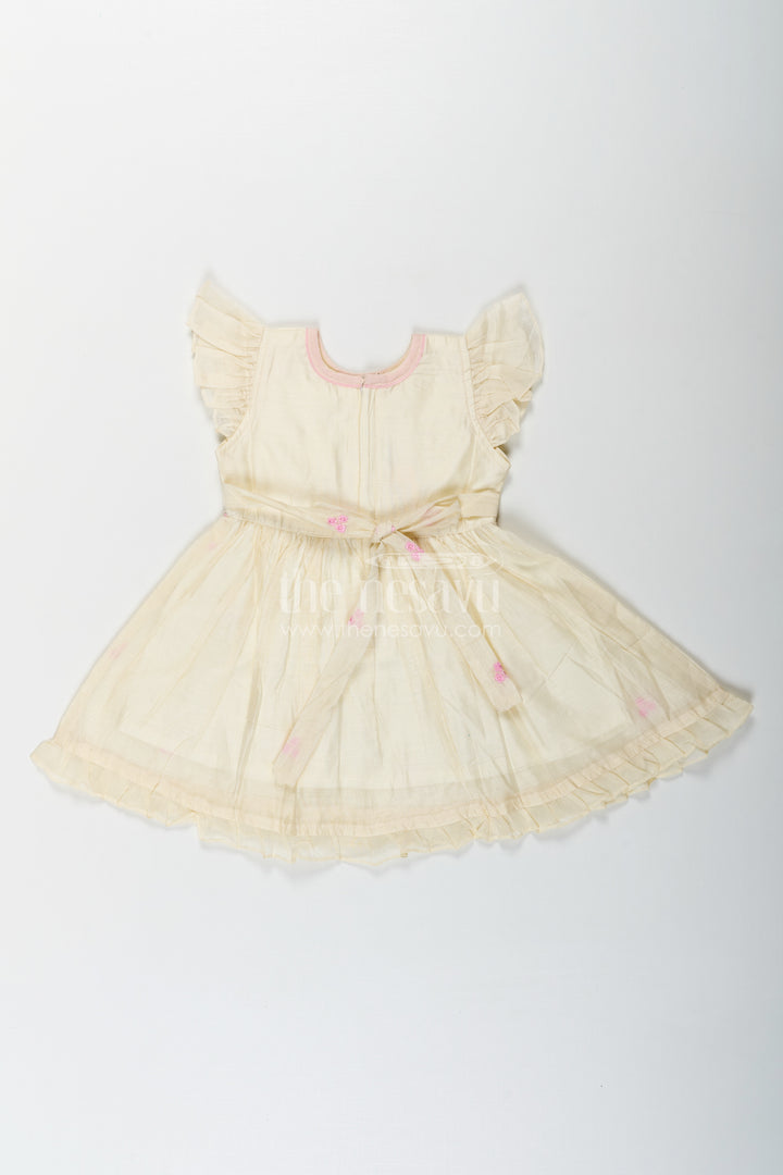 Girls Animal Print Ruffle Dress in Chanderi with Thread Embroidery and Pink Floral Accents