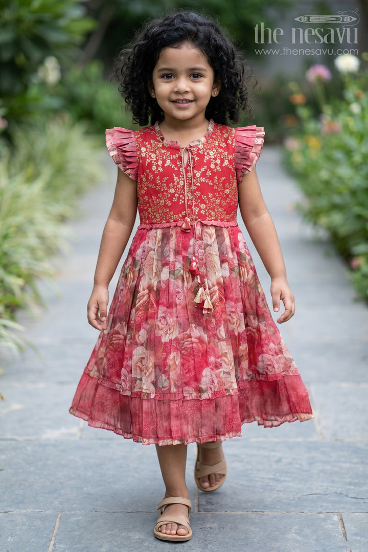 Girls Orange Frock Dress in Tissue Fabric with Floral Digital Print and Embroidered Yoke for a Chic Statement Look