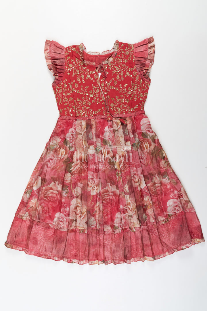 Girls Orange Frock Dress in Tissue Fabric with Floral Digital Print and Embroidered Yoke for a Chic Statement Look