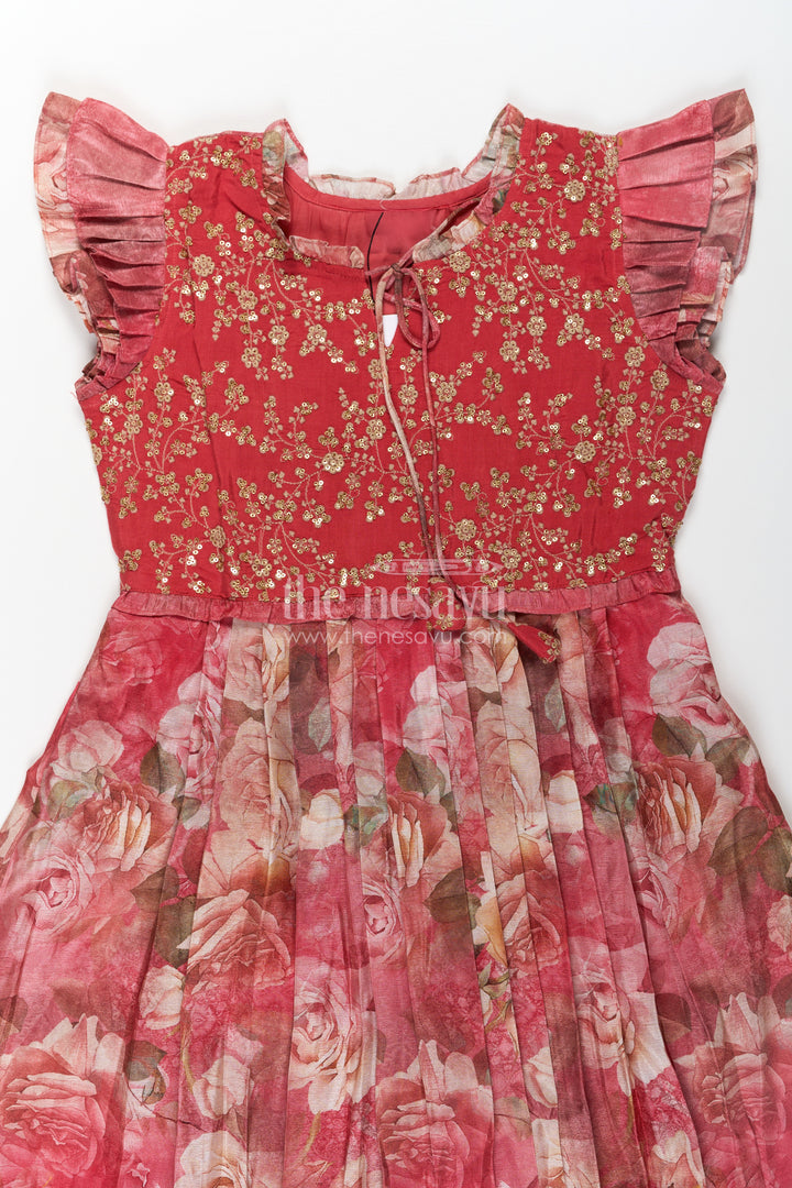 Girls Orange Frock Dress in Tissue Fabric with Floral Digital Print and Embroidered Yoke for a Chic Statement Look